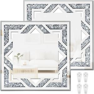 2 Piece Square Hollow Crushed Diamond Decorative Mirror, Silver Crushed Diamond Mirror Decor Wall for Living Room Bedroom Bathroom (12x12)