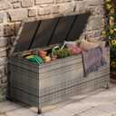 125 Gallon Large Deck Box Waterproof PE Rattan Outdoor Storage Box with Handles and Wheels, Storage Bin for Garden, Balcony, Porch, Pool, Yard
