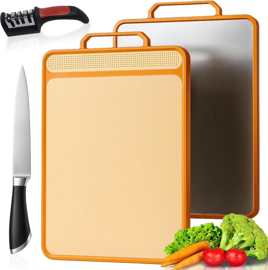 KYNATE Stainless Steel Cutting Board  Double Sided Steel & Wheat Straw | Includes Chefs knife & Sharpener | Chopping Board for Kitchen,for Meat, Dishwasher Safe, Non Toxic,Easy to Clean, Large 16x11