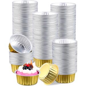 300 Pcs Patelai Aluminum Foil Cups 4.2 oz Mini Baking Cups Gold Cupcake Liners Disposable Ramekins Foil Muffin Pans for Pie Souffle Pudding Holder Wedding Birthday Party (Round)