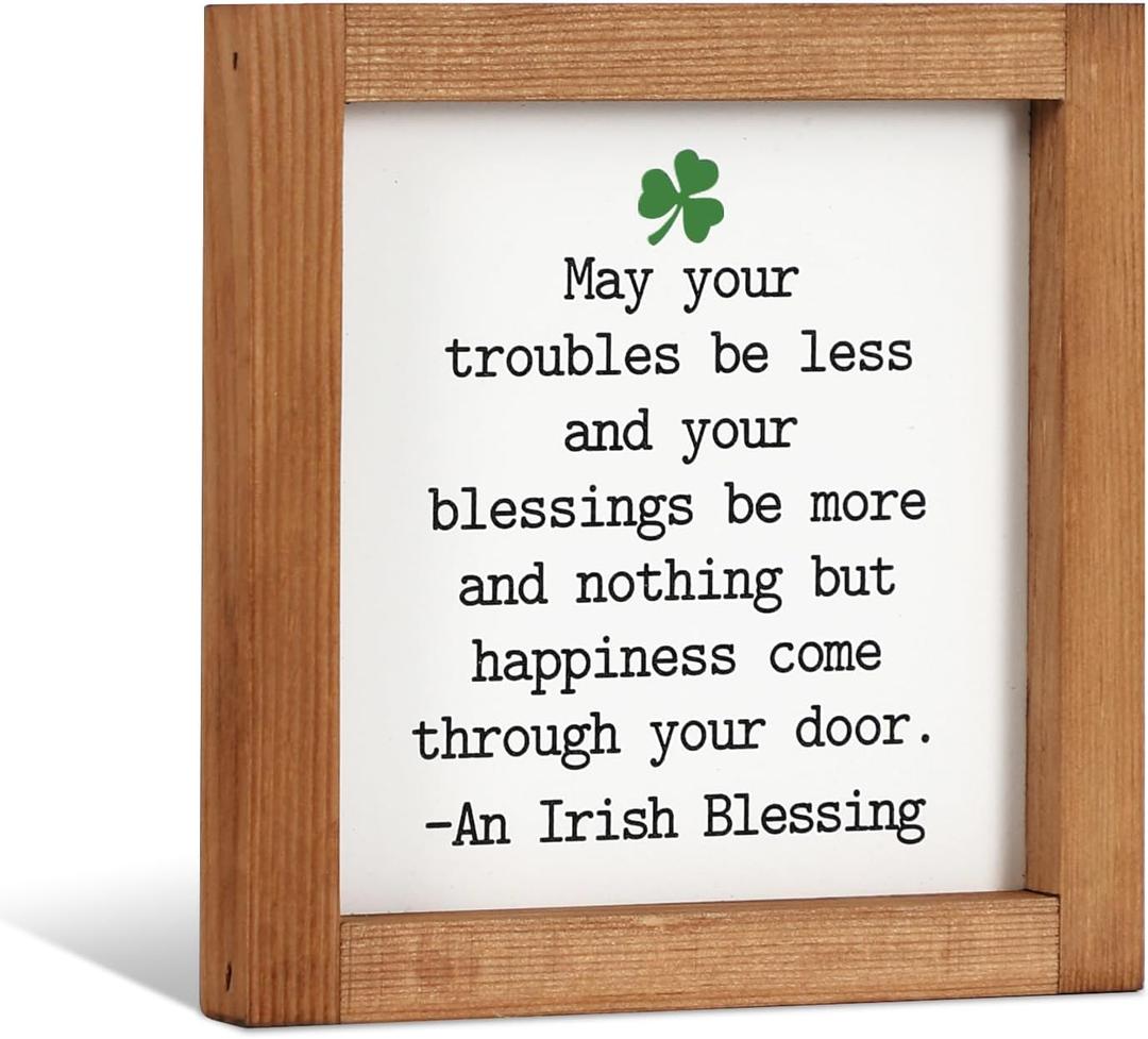 DAZONGE Farmhouse St. Patrick’s Day Decor, Wooden Framed Irish Blessing Sign, St. Patrick’s Day Decorations for Tabletop, Tiered Tray, Shelf
