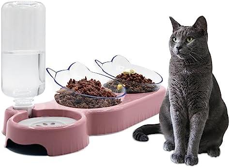 Triple Cat Bowls,15°Tilt 3-in-1 Water Feeder Bowls Cat Double Food Bowls with Automatic Water Bottle Bowl, Whisker Friendly Wet and Dry Cat Elevated Feeding Dishes for Small Cat and Puppy (Pink)