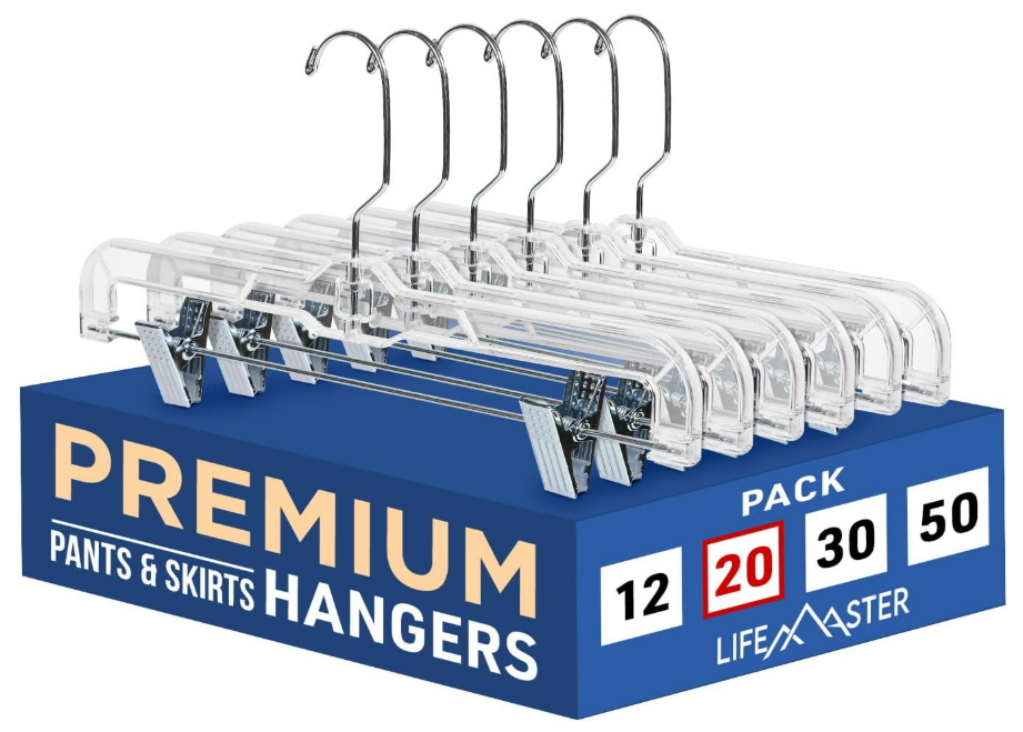 Clear Plastic Hangers - 20 Pieces 14 Inches Anti-Slip Space-Saving, Closet Organization Solution - Pants, Trousers, Skirts, Jeans Hangers with 360° Swivel Hook and Adjustable Clips - Clear