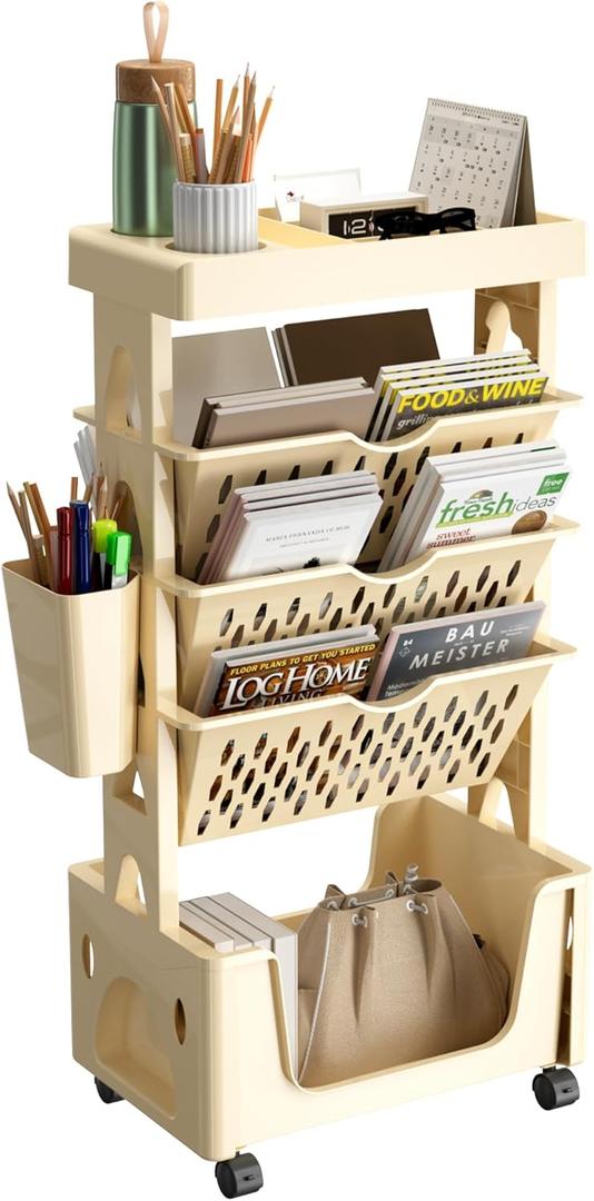 5-Tier Rolling Book Cart, Movable Storage Book Rack Bookcase, Removable Kids Rolling Bookshelf Rolling Utility Cart with Lockable Casters For Living Room Classroom Study Office Kitchen Bedroom(Khaki)