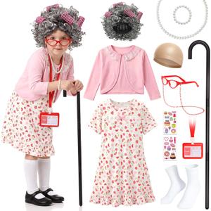VGOFUN Old Lady Costume for Kids,100 Days of School Costume for Girls,100th Day Grandma Costume Granny Cosplay Dress Up Outfit With Old Lady Dress, Cane, Glasses, Wig Accessories for Girl Aged 5 6 7 8