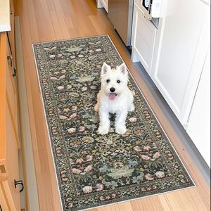 Hallway 2x5 Washable Runner Rug: Oriental Floral Stain Resistant Rug for Entryway Kitchen Farmhouse Soft Carpet for Bathroom Bedroom Thin Laundry Living Room Floor Mat with Non Slip Backing (2x5, Green)