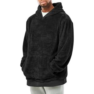 Runcati Mens Fuzzy Sherpa Pullover Hoodie Sweatshirts Long Sleeve Kangaroo Pocket Winter Fall Outwear Hooded (Medium, Black)