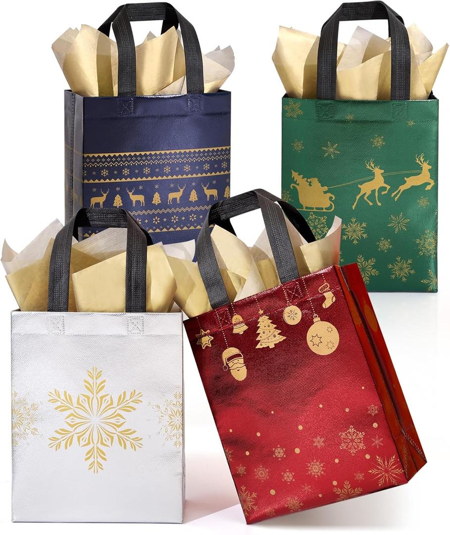 STYPOP 16 Pack 10" Christmas Gift Bags Medium Size with Tissue Paper, Reusable Non-Woven Christmas Tote Bags with Handles, Perfect for Holiday Gift Wrap/Party Favor Supplies, 10.2"  8.3"  4"