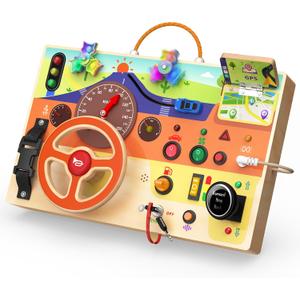 Busy Board Montessori Toys for Toddlers 1-3 with Steering Wheel, Lights & Switches, Wooden Driving Activity Board | Sensory Montessori Busy Board for 1+ Year Old, Toddler Learning & Travel Toy