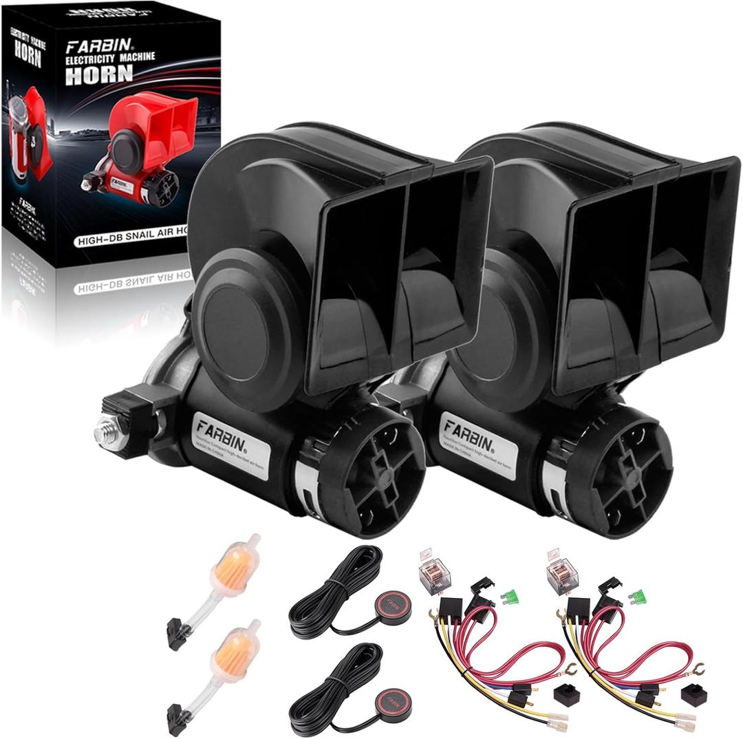 FARBIN Air Horn for Truck 2Pcs, Compact Train Horn, Electric Car Horn 12V 150db Super Loud with 2Pcs Wiring Harnesses and Buttons, for Any 12V Vehicles (Black horn with button, 2pcs)