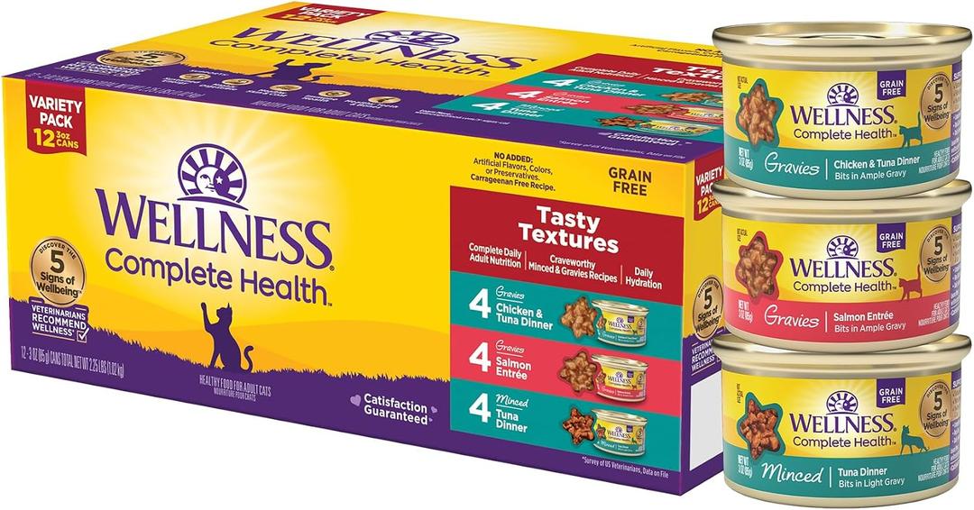 Wellness Complete Health Gravy and Minced Variety Pack Adult Canned Wet Cat Food, Natural, Protein Rich, Grain Free, Salmon, Tuna, and Chicken Recipes, 3 oz, Pack of 12 Cans (EXP 05/02/29)