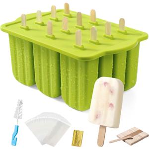 Popsicles Molds, MEETRUE 12 Pieces Silicone Popsicle Molds Easy-Release BPA-free Popsicle Maker Molds Ice Pop Molds Homemade Popsicle Ice Pop Maker with 50PCS Popsicle Sticks+Cleaning Brush (12 Cavties-Green)