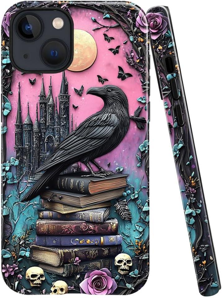 DAIZAG Case Compatible with iPhone 13,Glossy Durable Shock Protection Cover for Girl Women,Black Raven Bird Book Rose Skulls