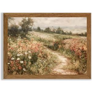 Wojuin Framed Vintage Cottagecore Canvas Wall Art, Landscape Nature Country Wildflower Wall Decor, Farmhouse Modern Rustic Fall Flower Artwork Prints for Living Room Bedroom Bathroom Office 12x16 in (Path)