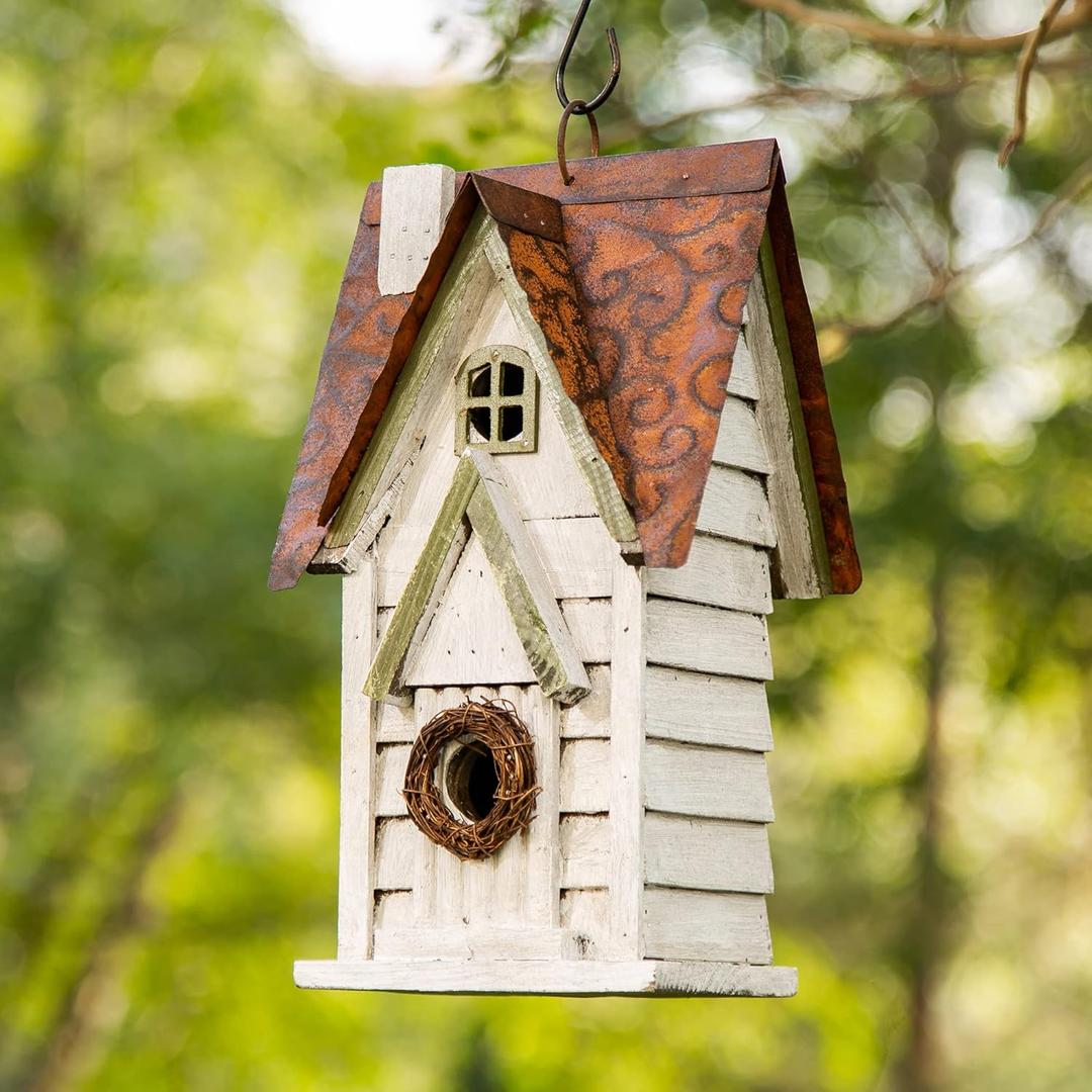 Glitzhome GH90086 Hanging Distressed Wooden Garden Cottage Birdhouse, White