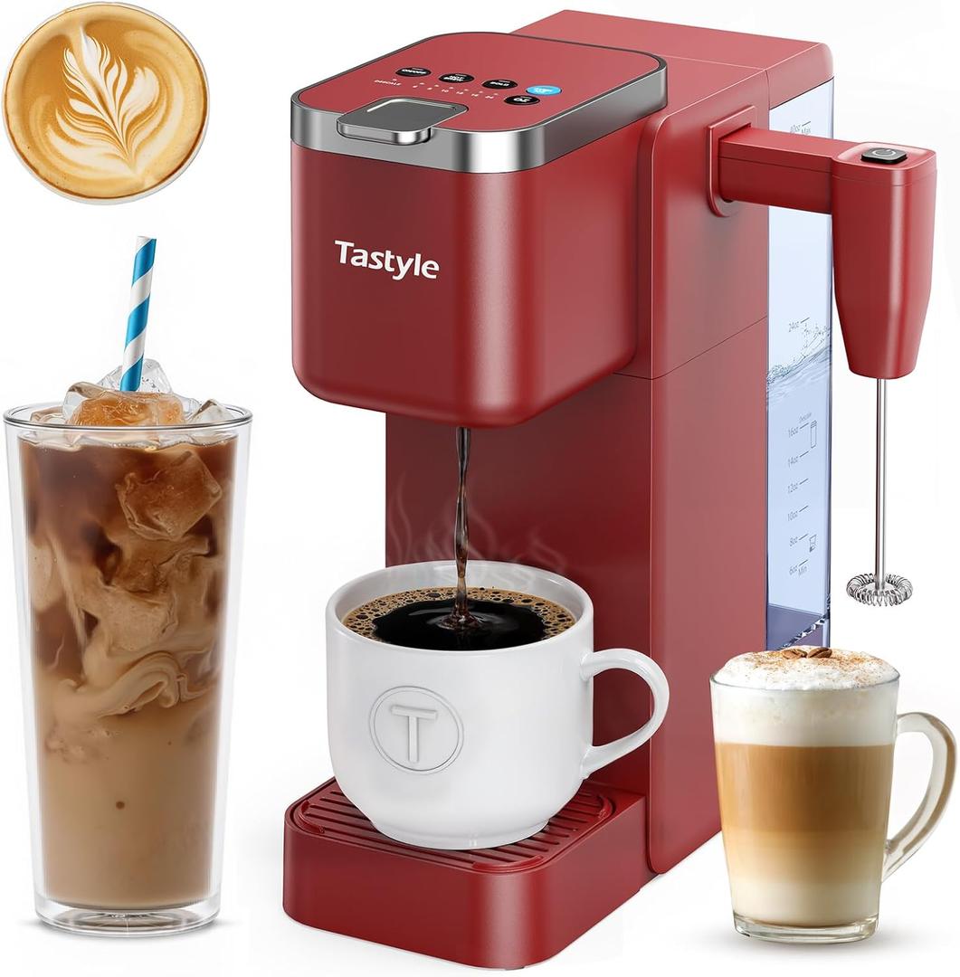 Tastyle Single Serve Coffee Maker with Built-in Detachable Milk Frother, Iced and Hot Coffee Machine for K Cup & Grounds, 40oz Removable Water Reservoir, 6 Cup Sizes, Fits 7.3" Travel Mug, Red