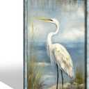 Coastal Beach Framed Wall Art: Large Heron Wooden Painting Ocean Sea Bird Prints Blue Seasacoe Picture Beach Seashore Artwork for Bathroom Bedroom Home Office
