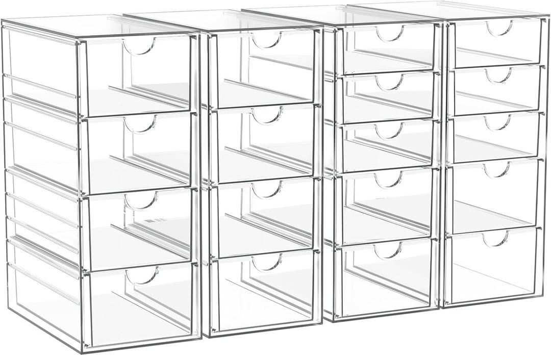 4 Pack Acrylic Makeup Organizer with 18 Drawers, Clear Storage Drawers, Bathroom Counter Organizer, Plastic Storage Bins For Vanity, Undersink, Pantry, Home Organization and Storage