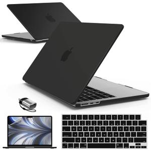 IBENZER Compatible with 2025 2024 2023 2022 MacBook Air 13 inch Case M4 A3240 M3 A3113 M2 A2681, Hardshell Case & KeyboardCover & ScreenFilm & Type-C for Mac Air 13.6, Black, AT13-KK-BK+2TC
