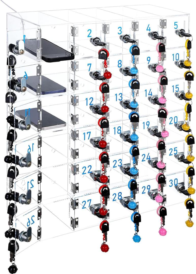 30 Slots Cell Phone Locker Box for Classroom Office Gym Factory
Clear Acrylic Cell Phone Storage Cabinet Wall Mounted, Charging Hole (Upgrade Size), Locks, Key, Number for Employee Office