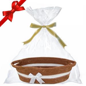 Small Gift Basket Empty to Fill - 14" Boho Personalized Christmas Gift Baskets with Cellophane Wrap and Ribbon For Baby Shower, Birthdays, Graduation, Brown