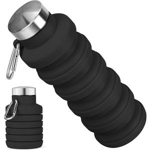 Collapsible Water Bottle, 16oz Portable Reusable Silicone Water Bottle, BPA-Free Leak-Proof Foldable Design with Carabiner, Lightweight Durable for Gym, Travel, Camping, Hiking, Sports-Black