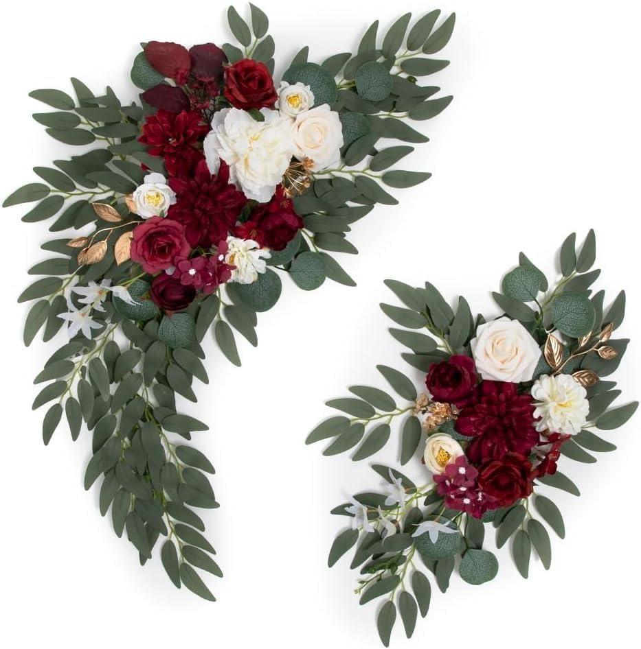 Artificial Flower Swag Wedding Arch Flowers Set of 2 Rose Flower Swag Arrangements for Wedding Party Welcome Ceremony Sign and Reception Backdrop Floral Decoration (red)