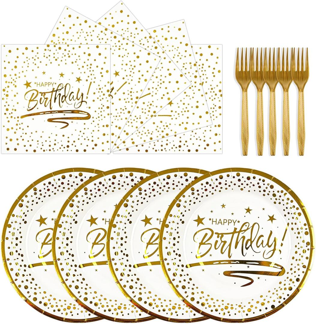 72PCS Happy Birthday Plates and Napkins Party Supplies, White Gold Dot Paper Plates and Napkins with Forks Disposable Tableware Set for Birthday Party Decorations, Serves 24
