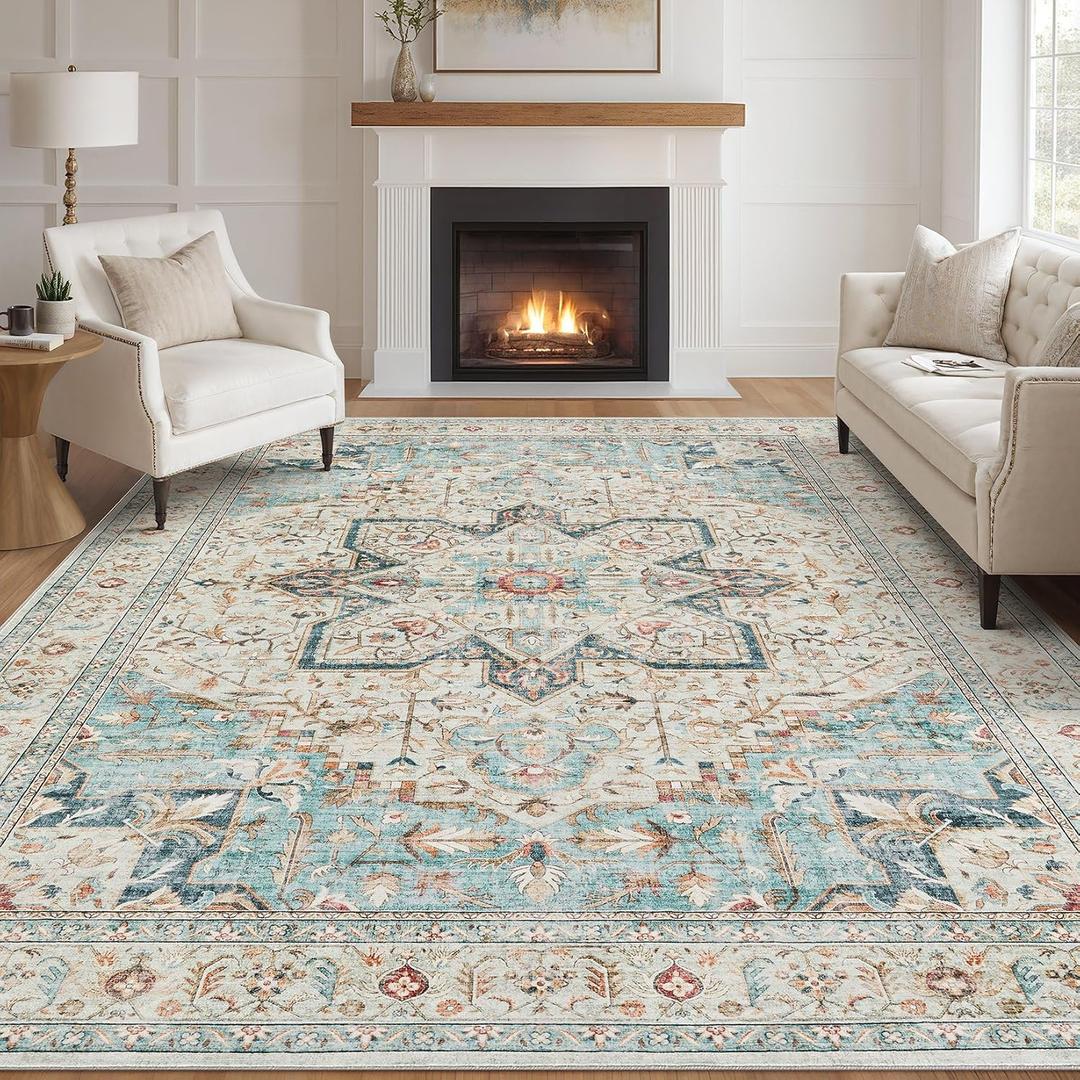 Tortania Area Rug Living Room Rugs - 9x12 Washable Boho Rug Vintage Oriental Distressed Farmhouse Large Thin Indoor Carpet for Living Room Bedroom Under Dining Table Home Office - Aqua Multi