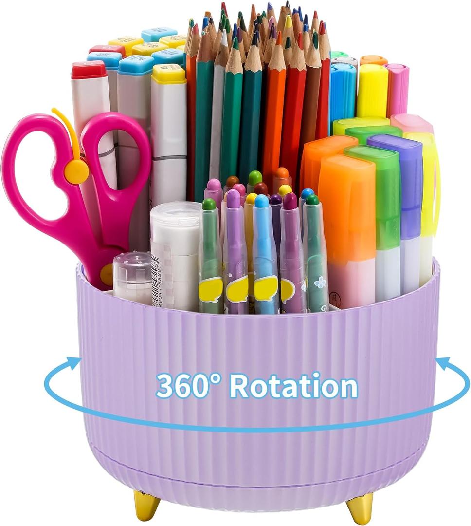 Marbrasse Desk Organizer, 360-Degree Rotating Pen Holder, Desk Organizers and Accessories with 5 Compartments Pencil Holder, Art Supply Storage Box Caddy for Office, HomePurple