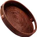 JUNGLE CULTURE Large Rattan Serving Tray  Round Table Basket  Wicker Ottoman Trays with Handles for Coffee Table, Bed Side or Couch  Flat Circle Woven Tray (Natural Chestnut Brown, 13.9")