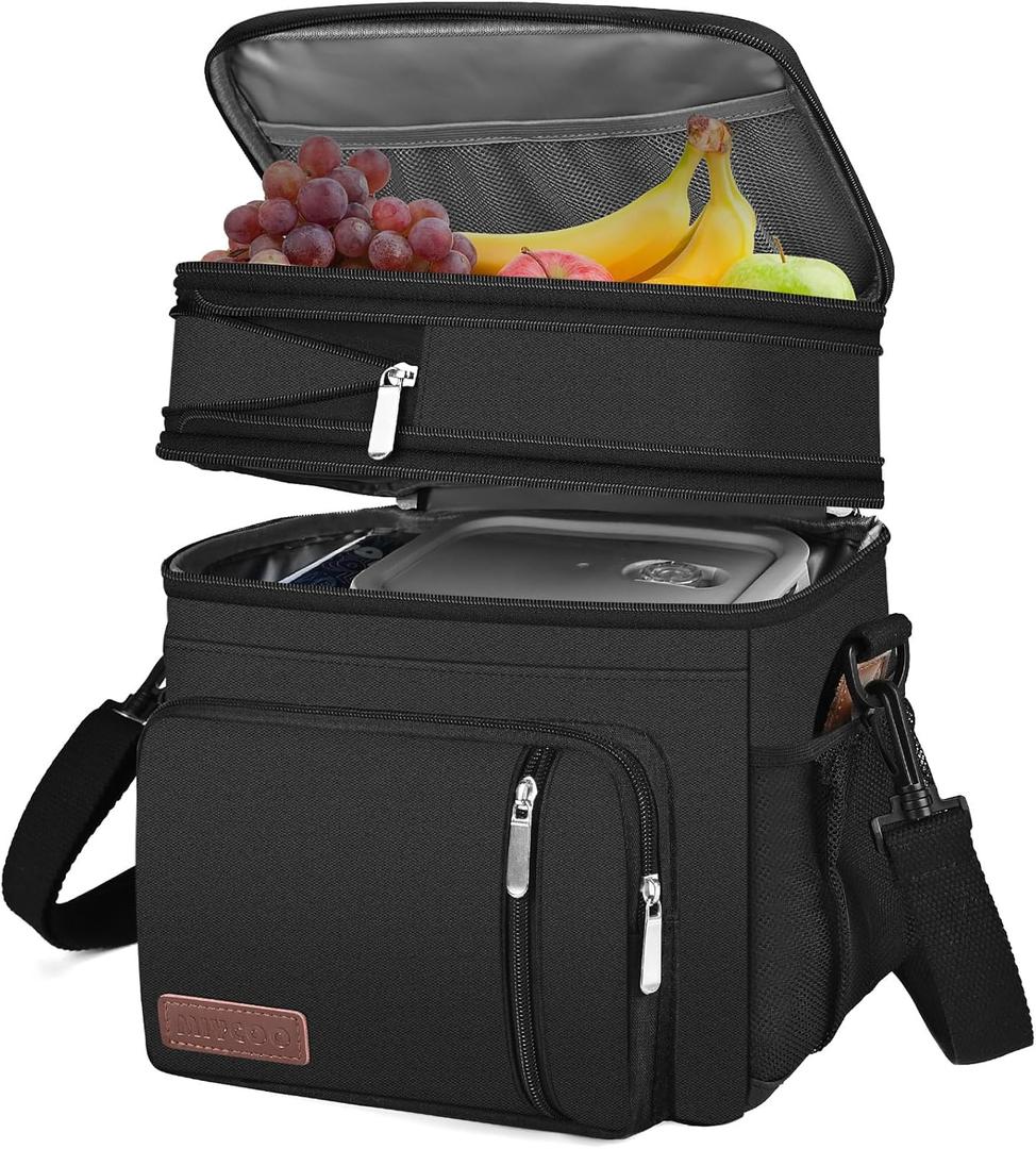 MIYCOO Lunch Bag & Lunch Box for Men Women, Double Deck Leakproof Insulated Soft Large Adult Camping Cooler Bag for Work, Beach, Picnic, Travel (Black, 15L)