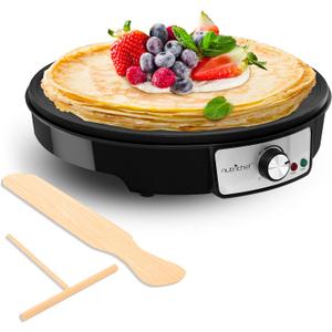 Nutrichef Electric Crepe Maker & Griddle Cooktop - Nonstick 12 Inch Aluminum Hot Plate with LED Indicator Lights & Adjustable Temperature Control - Wooden Spatula & Batter Spreader Included (Matte Black)