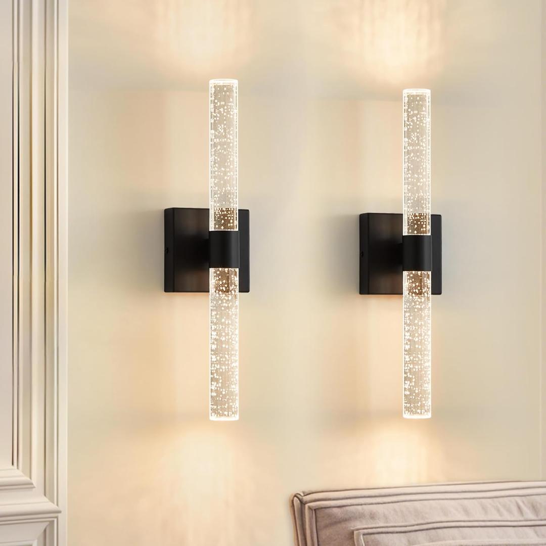 Biewalk Wall Sconce, 5000K Dimmable LED Wall Light Fixtures Hard-Wired Modern Wall Lighting with Crystal Bathroom Vanity Sconces Black Wall Lamp for Bedroom Living Room Corridor Kitchen