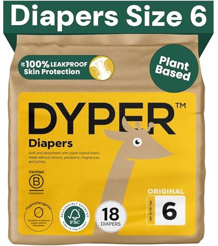 DYPER - Baby Diapers Size 6 (18 Count) - Plant Based Disposable Diapers for Day and Overnight Premium Leak Protection, Skin-Friendly Comfort with Soft Size 6 Diapers (>35 lb) Pack Of 6