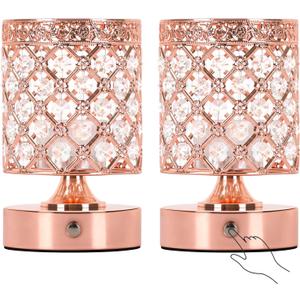 TOBUSA Crystal Rechargeable Cordless Table Lamps Set of 2, Wireless Lamps with 3 Color Temps & Stepless Dimming, Portable 6000mAh Battery Operated Lamps, Rose Gold Small Desk Lamps for Bedroom Bar