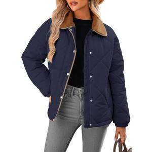 Dokotoo Women's Winter Casual Quilted Jackets Long Sleeve Button Down Puffer Jacket Padded Outerwear Coats (Medium, Navy Blue)
