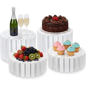 MAQUITA 4 Pack Buffet Risers, Foldable White Cardboard Food Display Risers with PVC Panel Table Tall Cake Stands for Show Catering Desserts, Cake Cupcake, Food, Jewelry