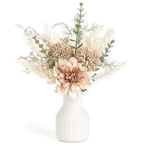Mkono Small Artificial Flowers in Ceramic Vase 12.5" Centerpieces Coffee Table Decor, Silk Flower Arrangements for Home Decor Indoor Fake Flower Bouquet for Bathroom Dining Room Kitchen Wedding Brown