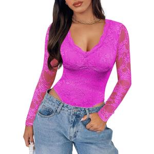 SAUNGKUAI Womens Sexy V-Neck Long Sleeve Bodysuit Double Lined Going Out Y2K Trendy Lace Body Suit Tops (Medium, Hotpink)