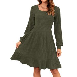 AUSELILY Womens Fall Dress 2025 Square Neck Long Sleeve Dresses Casual A Line Knit Sweater Dress with Pockets, Army Green L