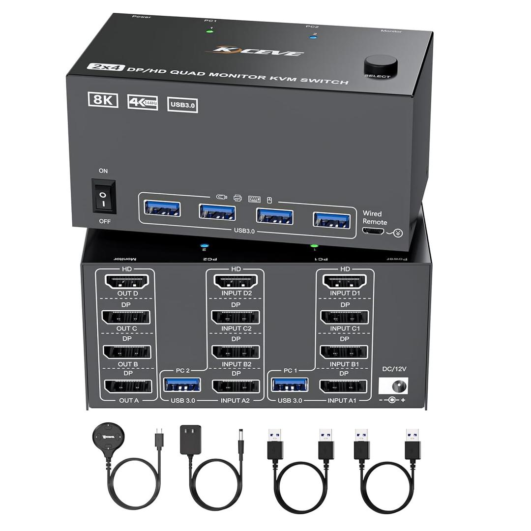 KVM Switch 4 Monitors 2 Computers 8K@60Hz/4K@120Hz, HDMI DP KVM Switches for 2 PC Sharing Quad Monitor and Keyboard Mouse with Power Adapter, Wired Extend Controller and USB Cables, Input 3 DP+1 HD