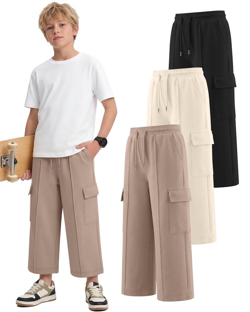 Langyiwee 3 Pack Boys Capri Pants Drawstring Elastic Waisted Teens Cargo Joggers Pull on Casual Sweatpants with Pockets(Khaki, Beige Apricot, Black,5-6 Years)