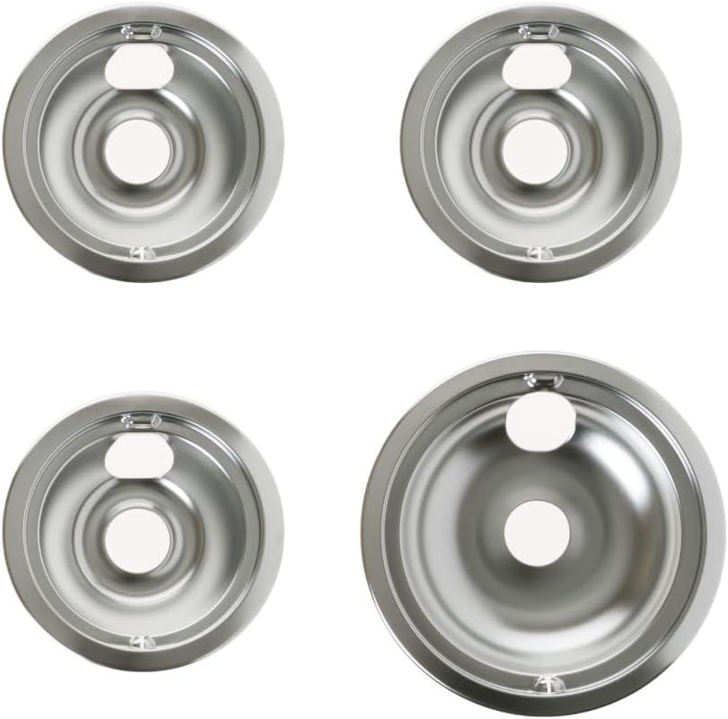 GE Stove Drip Pans | Electric Stove Burner Drip Pans | 4 Piece Set, 3-6" and 1-8" Drip Pan Kit | 119204XZ Style B Chrome Range Replacement Stove Burner Bowls