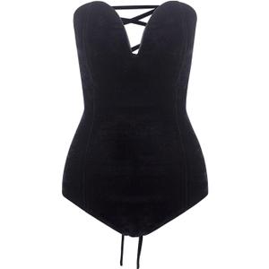 Choies Women's Burgundy/Black Sexy Plunge Neck Strapless Cross Back Velvet Bodysuit (Medium)