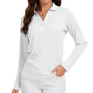 Women's V-Neck Polo Shirts Long Sleeve Quick Dry UPF 50+ Sun Protection Business Casual Collared Tops Trendy Loose(WT S) White