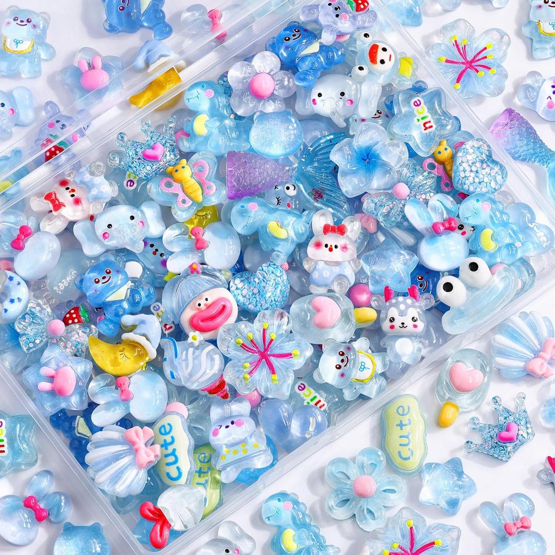 100Pcs Blue Slime Charms Assorted Cute Jelly Embellishments Bulk, Random Kawaii Accessories, Flatback Ornament Resin Charms for Phone Junk Cases,Hairpins Scrapbooking Crafting & DIY Decoration