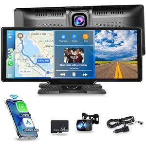 Wireless Carplay/Android Auto Portable Car Radio with 9.3" HD Touchscreen Dash Cam, Front/Rear View Camera Stereo Receiver Bluetooth FM Transmitter AUX TF Card