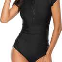 Wolddress Women Modest One Piece Bathing Suit Short Sleeve Tummy Control Swimsuit Zipper Surfing Athletic Rash Guard (Large, Black)