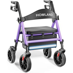 HOMLAND Foldable Walker for Seniors with Seat, 17lb Lightweight, Ergonomic | 350lb Capacity, 8" All-Terrain Wheels, Adjustable Height, Easy to Assemble, Ergonomic Seat, Light Aluminum Frame, Purple